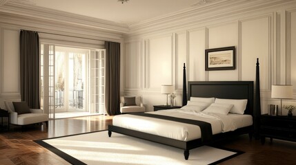 Elegant Modern Bedroom Interior with Large Windows and Soft Lighting