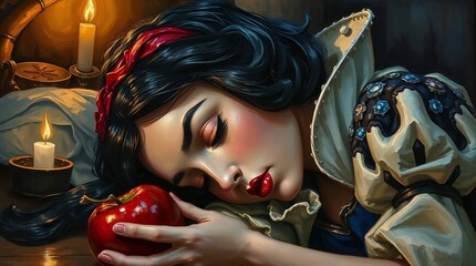 Sleeping Snow White with an Apple in the House of the Seven Dwarfs – A Classic Fairytale Moment