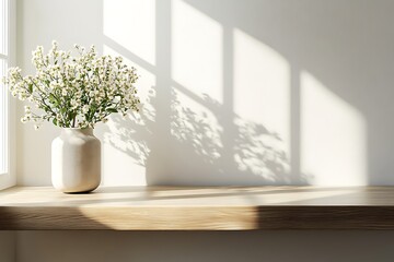 A sleek modern home interior features a wooden table that allows for extensive product display mockups, reflecting a dedication to furniture design and interior decoration.