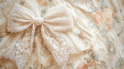A Victorian-inspired background with intricate lace bows resting over an antique floral-patterned fabric.