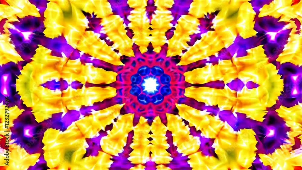 Poster a colorful design with a red center and blue and orange surrounding it. the design is made up of man