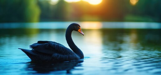 Fototapeta premium Black swan sunset lake serene nature calm peace