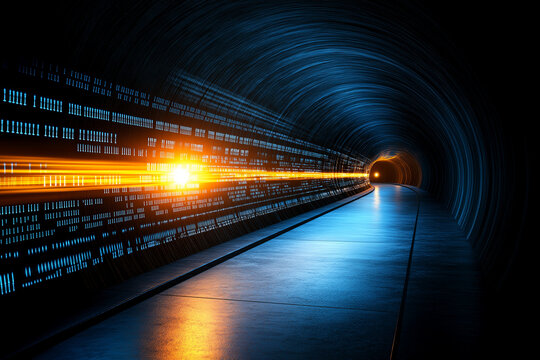 Fototapeta Futuristic metro tunnel with colorful light trails, symbolizing the speed and movement of digital marketing