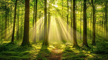 Obraz premium Sunbeams Illuminate A Lush Green Forest Path