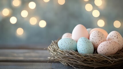 Obraz premium Close-up of a beautifully arranged Easter nest filled with speckled eggs, showcasing soft pastel colors and a dreamy, blurred background of twinkling lights.
