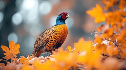 Fototapeta premium Colorful pheasant in autumn leaves, forest background, nature scene