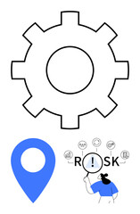 Gear symbolizing settings, blue map marker, and person examining icons with magnifying glass for risk assessment. Ideal for business strategy, analysis, navigation, organization, problem-solving