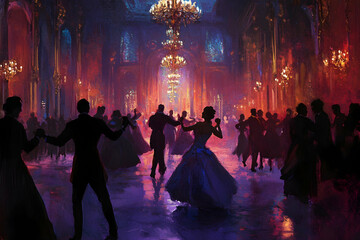 Painting-inspired ballroom scene featuring a group of people dancing in a grand hall