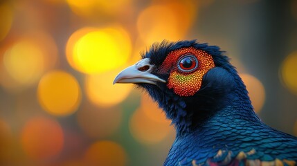 Obraz premium Colorful pheasant portrait, sunset bokeh. Wildlife nature photography, website banner
