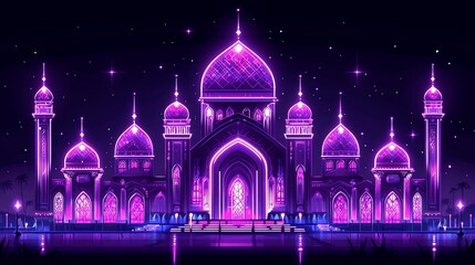 Vibrant night scene of a majestic palace illuminated in purple hues with starry sky