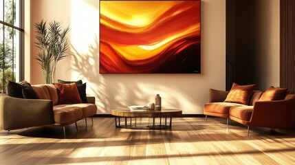 Modern Living Room with Abstract Art and Cozy Furniture Arrangements