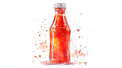 Watercolor painting of a glass bottle filled with red sauce, isolated on a white background with red watercolor splatter.