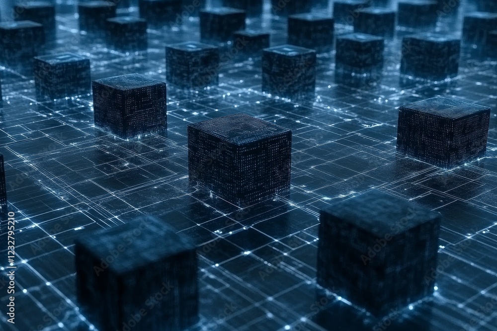 Poster digital cubes on circuit board with glowing lines and nodes