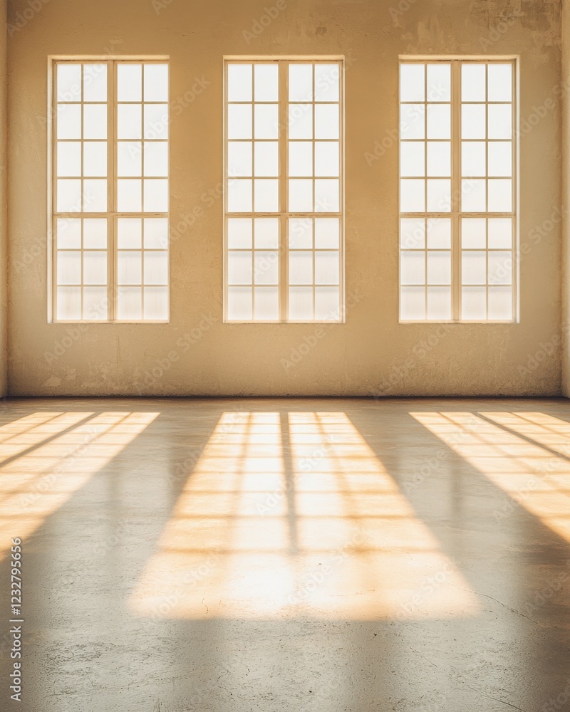 Poster a bright, airy room with three large windows casting soft shadows on a smooth floor, creating a sere