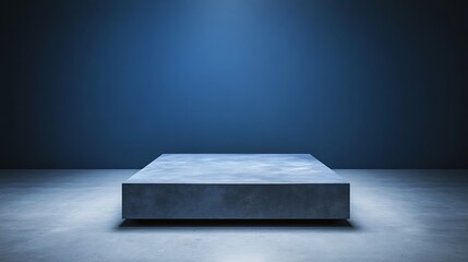 A solitary rectangular block rests on a floor against a blue wall