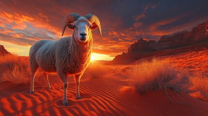 Fototapeta premium Majestic ram at sunset in desert landscape.