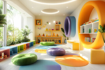 Playful kindergarten classroom interior with colorful furniture and decorations, radiating joy and creativity