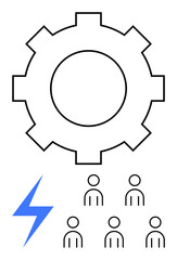 Central gear lightning bolt, and five people icons. Ideal for teamwork, collaboration, power, technology, industry, engineering, innovation. Line metaphor