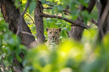 Obraz premium A Stealthy Leopard Gazes Through Lush Green Foliage, Showcasing the Beauty of Wildlife and Nature in Its Natural Habitat During Daylight Hours
