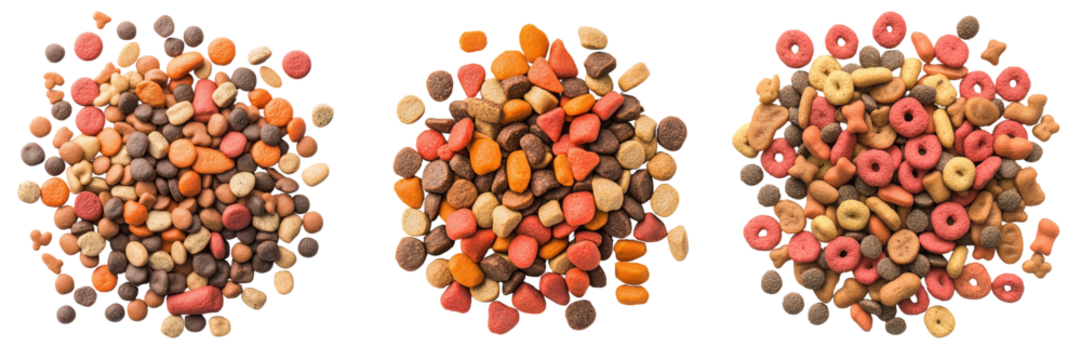 Colorful pet food varieties on a transparent background close-up natural setting - Powered by Adobe