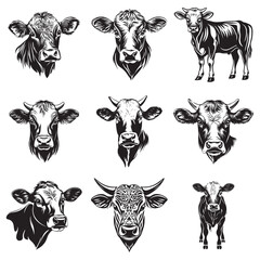 Vintage Black and White Cow Vector Illustration
