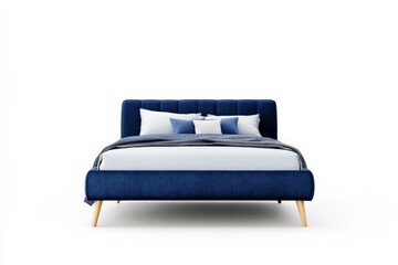 modern blue upholstered bed with pillows and blanket on white background
