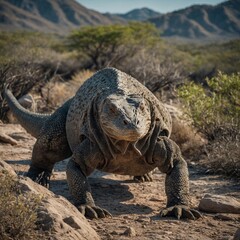 Fototapeta premium Komodo Dragon Walking Across a Rocky Path. 