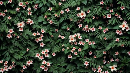 Lush Green Fern Wall with Blooming Pink Flowers