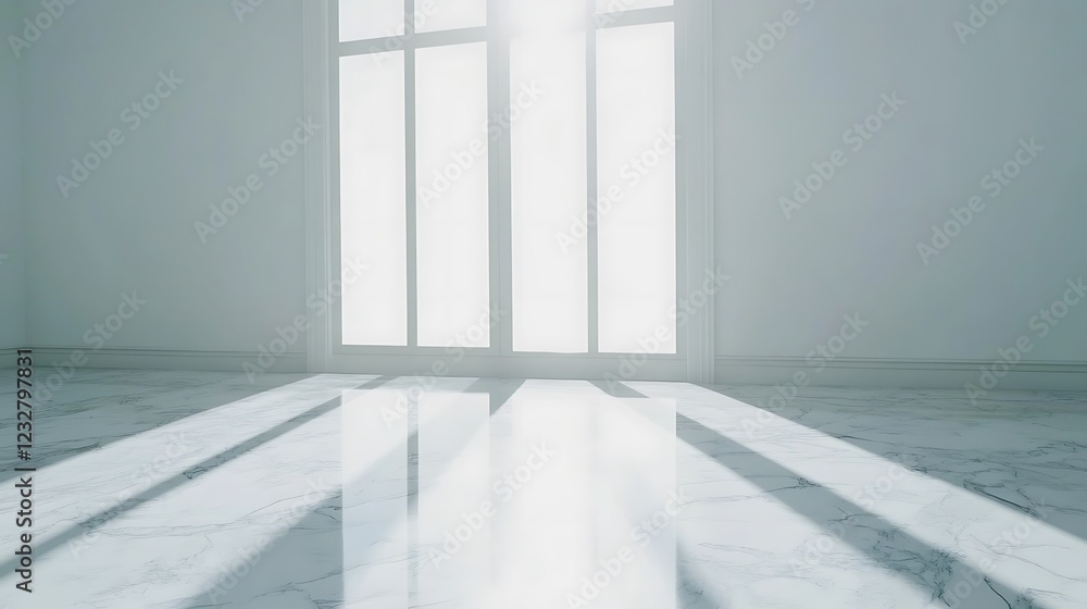 Poster sunlit room with marble floor and large window
