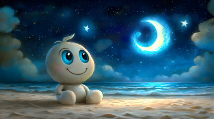 Happy childlike figure gazing at crescent moon on beach at night; dreamy illustration