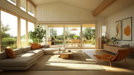 Bright and Cozy Modern Living Room with Natural Light and Greenery