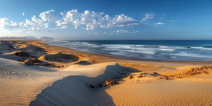 Dramatic sand dunes meet the ocean at Sandwich Harbour in Namibia