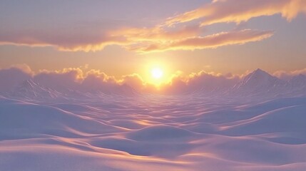 Serene Sunset Over Snowy Mountains And Undulating Plains