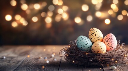 Obraz premium Decorated Wooden Surface with Natural Nest Containing Colorful Easter Eggs Surrounded by Soft Bokeh Lights for a Festive Atmosphere