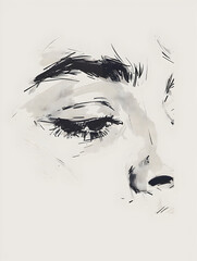 Illustration féminine poétique, croquis d'un visage avec un gros plan sur l'œil et le nez, image artistique, noir et beige