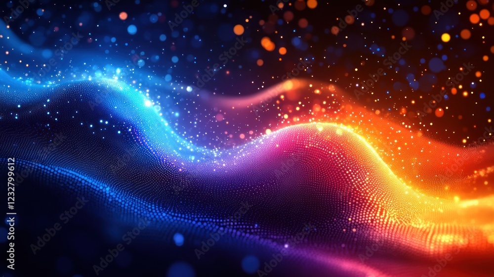 Poster abstract flowing waves with glowing particles.