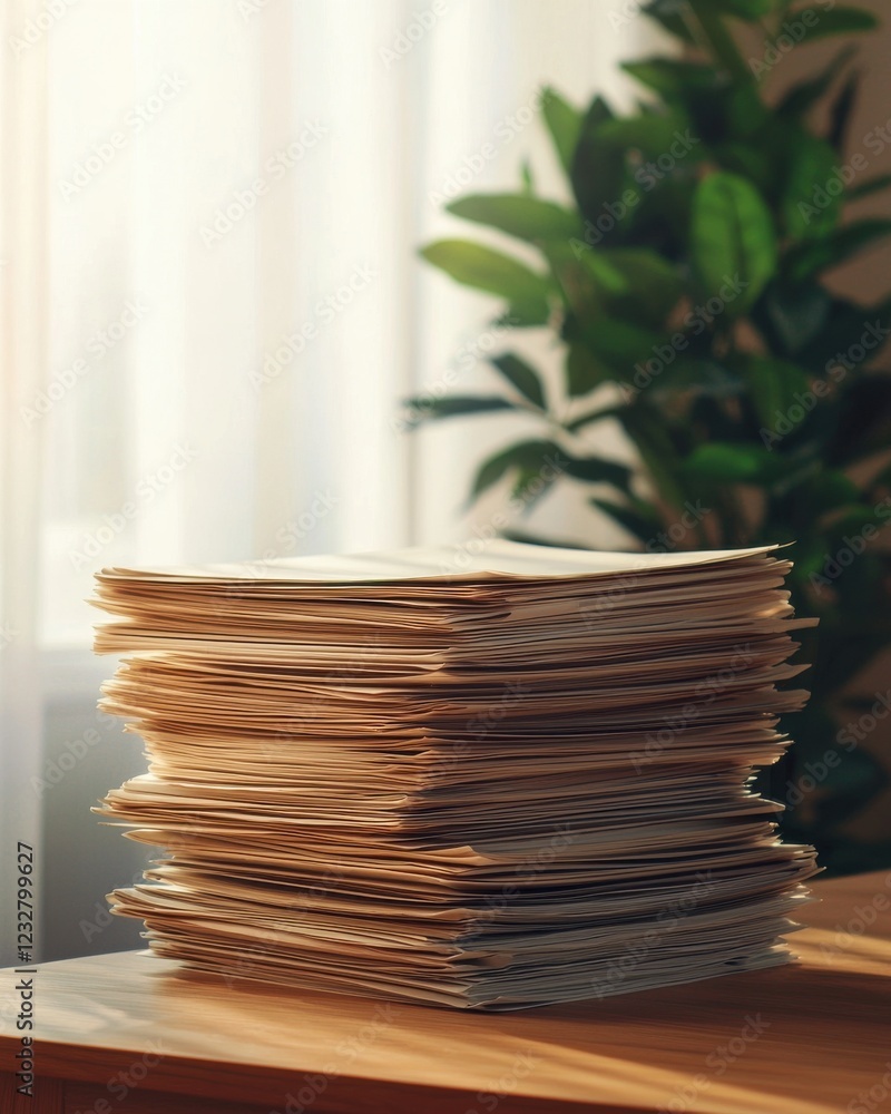 Aufkleber a stack of neatly arranged papers sits on a wooden table, illuminated by soft sunlight filtering thr