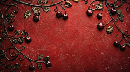 Decorative arrangement of red cherries and leaves on a textured red background. Generative AI