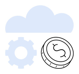 Cloud representing storage, gear symbolizing processes, and coin indicating financial aspects. Ideal for technology, finance, efficiency, digital transformation, innovation, cloud services IT