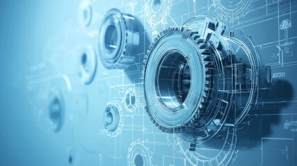Obraz premium Detailed visualization of rotating gears against a blueprint background showcasing engineering design and precision mechanics. Generative AI