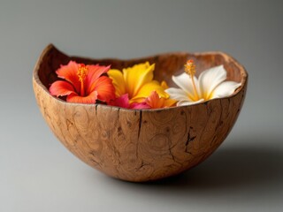 Vibrant Hibiscus Flowers in Rustic Wooden Bowl
