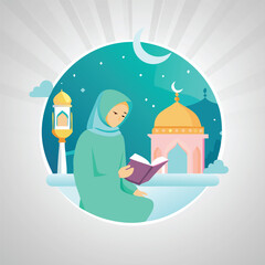 Ramadan Mosque Domes, Silhouette Crescent, Iftar Scene, Crescent Illustration, Hijab Reading, Quran with Child, Crescent Moon Woman, Islamic Lantern.