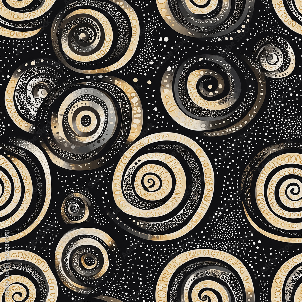 Poster spiraling bandhani seamless pattern motif textile design abstract art dark background close-up view 