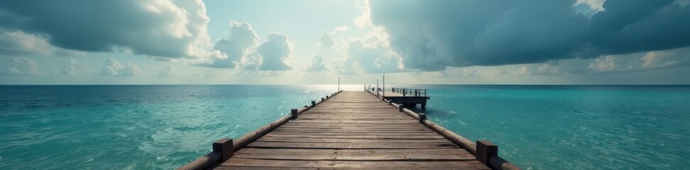 Fototapeta premium Rustic wooden pier against dramatic cloudy sky and tranquil ocean , sea, water
