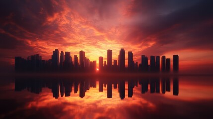 Fototapeta premium fiery sunset over a modern city skyline reflected in calm water