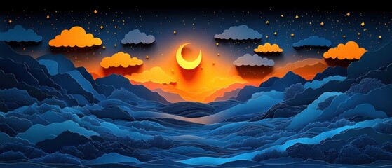 Intricate Paper Cutting Design of Celestial Sunset Landscape