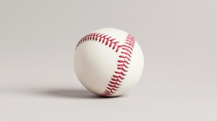 close up of a classic white baseball with red stitching on a gray background