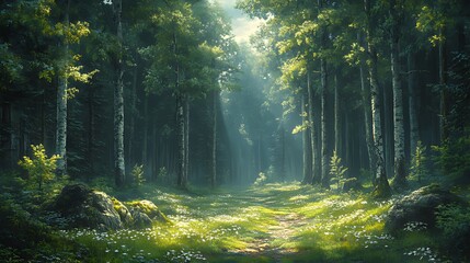 Fototapeta premium Sunlit Forest Path, Morning Mist, Birch Trees, Nature, Spring