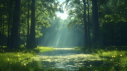 Fototapeta premium Sunbeams illuminate forest stream, fireflies, summer