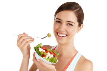 Food, studio and portrait of happy woman with salad for healthy eating, wellness and nutrition. Diet, vegetarian and person with vegetables for vitamins, nutrients and wellbeing on white background